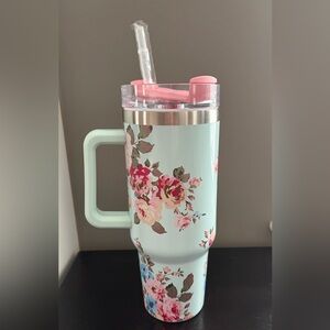 Floral Tumbler with Straw and Handle 40 oz